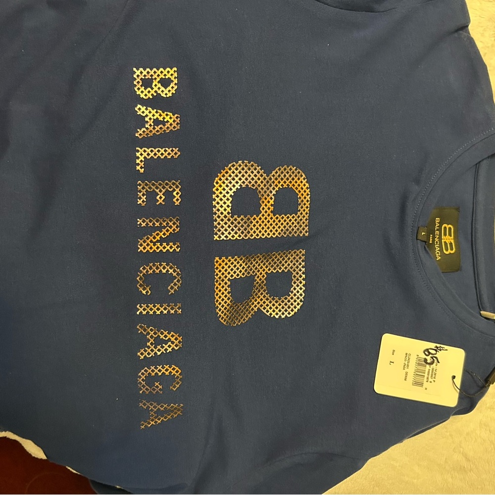 Balenciaga Navy Tee with Gold Logo